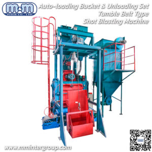 Auto-loading Bucket & Unloading Set Tumble Belt Type Shot Blasting Machine. Shot blasting machine is tumble belt type shot blasting machine.